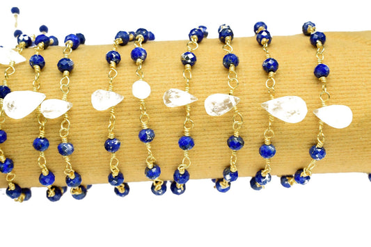 Natural lapis Wire Wrapped Beaded Chain 3mm Approx , moonstone drop Wire Wrapped Rosary Chain, gemstone rosary,gold plated rosary drop,