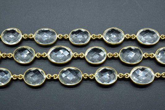 Crystal Quartz Bezel Chain I Handmade Bezel Link Chain I Clear Quartz Gold Plated Bezel Chain IBrass Chain,Gemstone Connector Chain Per Foot