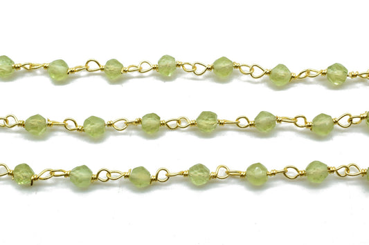 Peridot 3mm Beaded Chain,Faceted Peridot Rosary Style Beaded Chain, Premier quality Non Tarnish Chain in Gold,Beaded Chain -Chain PER FOOT