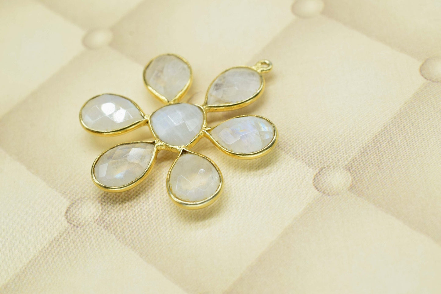 Moonstone loop connector,Natural Rainbow Moonstone,Bezel pendant ,floral gold Plated Single Point Bail,gemstone pendant,gold plated pendant,