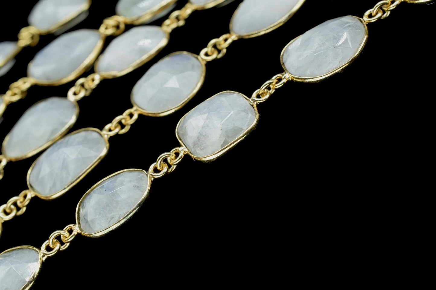 Rainbow Moonstone Connector link-Gold Bezel Chain,Free Size Faceted Gemstone Connector,Handmade Bezel Link Chain,Rainbow Moonstone Jewelry