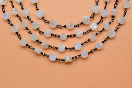Rainbow Moonstone Gemstone Beads Chain, Moonstone connector link Chain-Natural Moonstone Bezel Chain, Moonstone Round Shape Connector Rosary