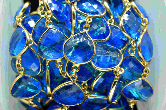 Blue Topaz 12mm Heart Shape Bezels Chain,Blue Topaz Gemstone Jewelry,Connector Link Chain,Topaz Gemstone Link Connector Chain, Craft Jewelry