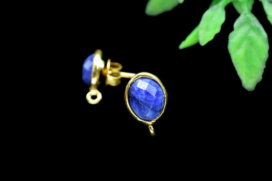 Blue sapphire 6x8mm oval shape Earring connector Stud post setting with loop open bail,Hot Blue sapphire Gold Plated Earring With Loop