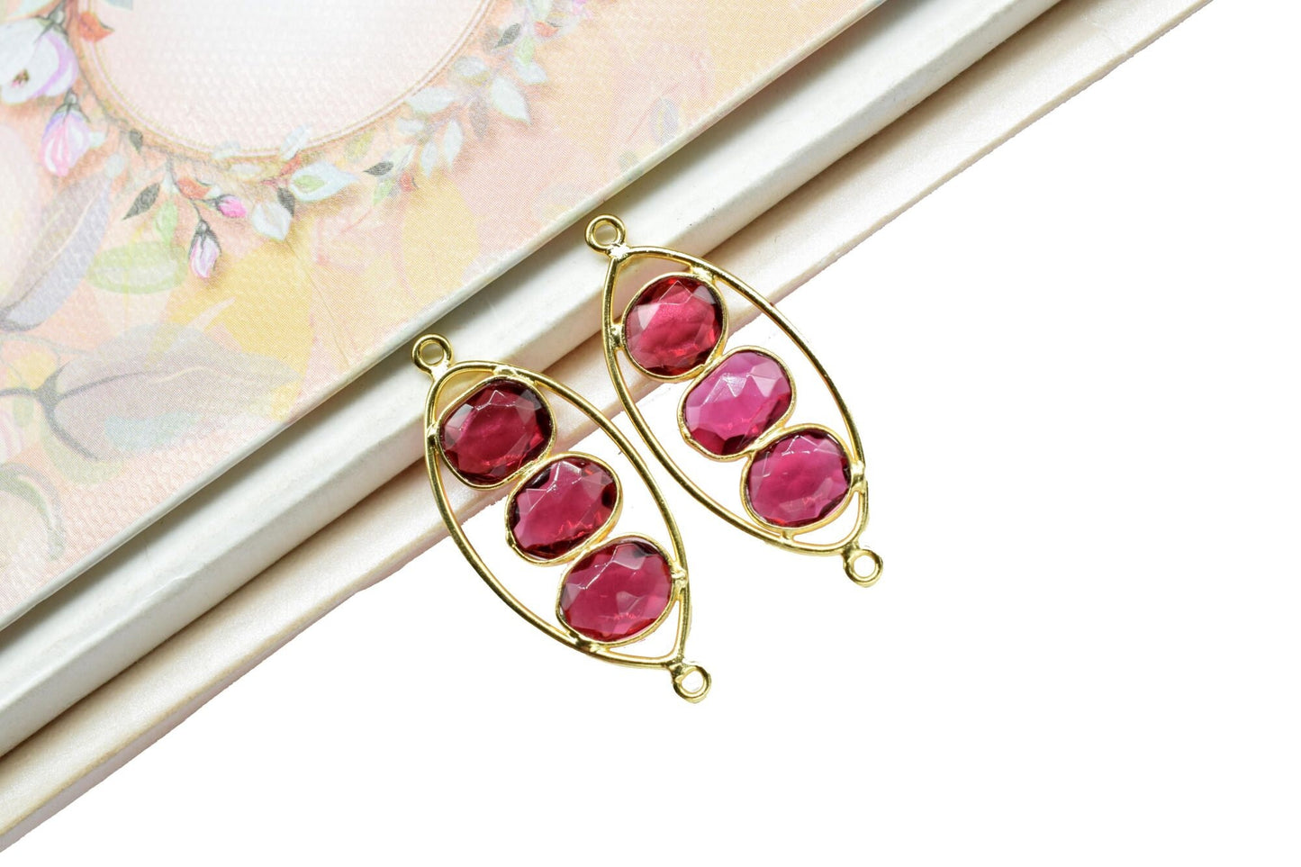 Pink Tourmaline Gemstone Component Earring Jewelry,Tourmaline Quartz Oval Shape Pendant,Tourmaline Finding Gold Plating Component Jewelry