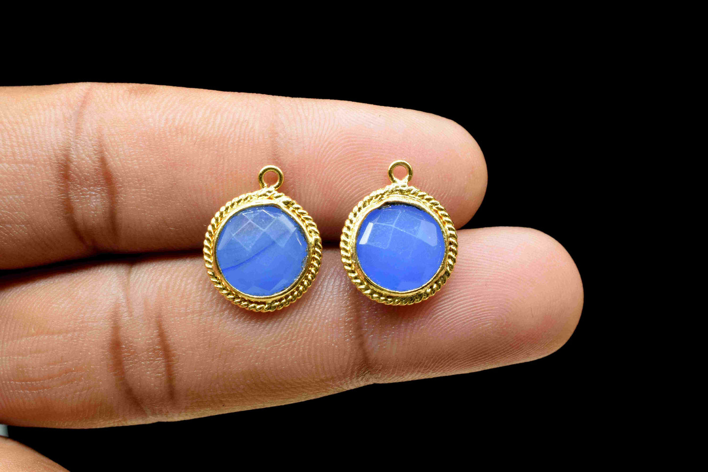 Blue Chalcedony 10mm Round Shape Single Bail Connector,Blue Chalcedony Gold Plating Gemstone Bezels Connector,Chalcedony Single Loop Charms