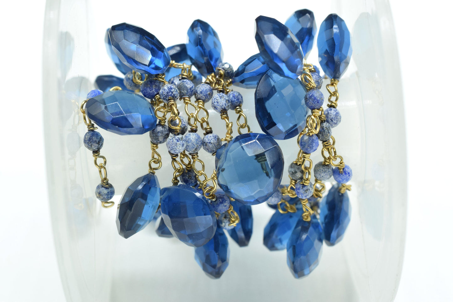 kynite teardrop beaded chain,lapis beaded chain,gesmtone cluster rosary,wire wrapped beaded chain,lapis cluster,beaded chain,gold plated