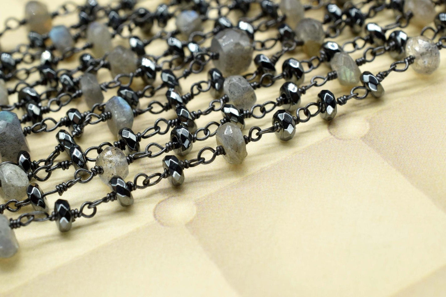 Labradorite 3mm Beaded Chain,Labradorite Rosary Chain,Gold Plating Wire Wrap Chain,Hematite Gemstone Rosary Chain ,dual gemstone beaded .