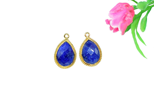 Blue Sapphire Faceted 10x14mm Pear Shape Charm,Blue Sapphire Connectors,Sapphire Single Bail Connector,Sapphire Gold Plated Charms Pendant