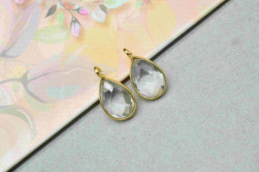 Crystal Quartz Component 7x10mm Teardrop Shape Pendant Jewelry,Crystal Earring Connector,Gold Plated Connector,Gemstone Earring Jewelry,Gift