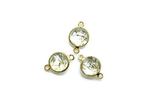 Golden Rutile 10mm Round double bail connectors,Golden Rutile Round Gold Plated bezel,Jewelry making charms,Golden Rutile Brass connectors,