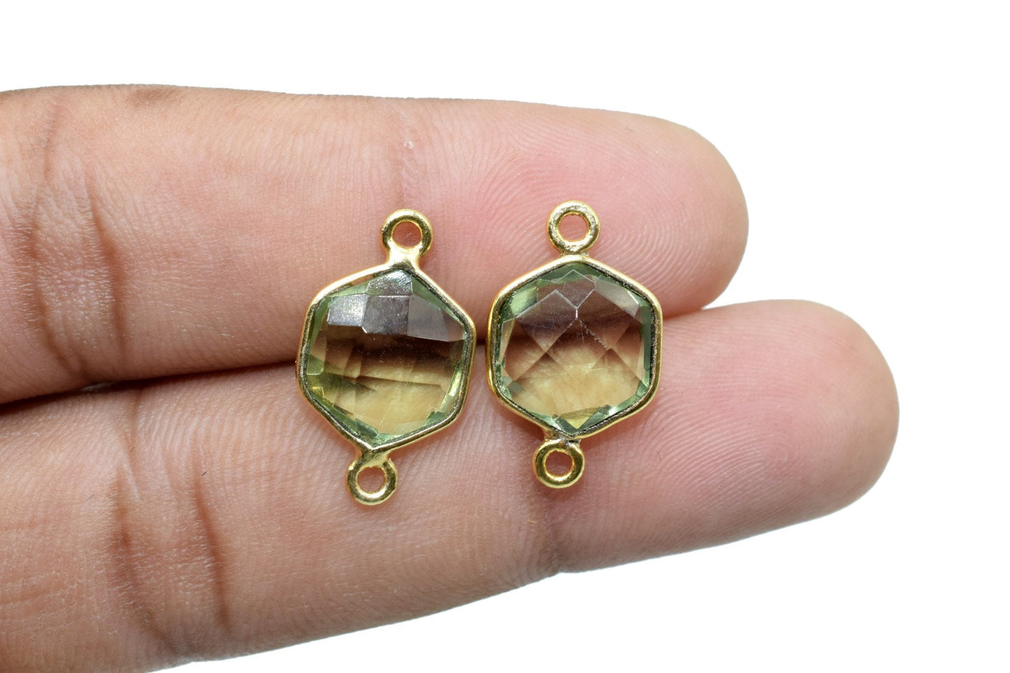 Green Amethyst 10mm Hexagon Shape Pendant,Gold Plated double Bail Gemstone Connector,Faceted Hexagon Shape Gemstone Bezel,Hexagon Pendants