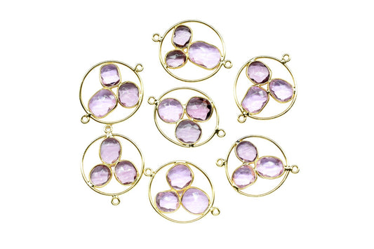 Pink Amethyst Quartz Finding 23mm Round Shape Connector,Pink Amethyst Gold Plating Double bail Connector,Pink Amethyst Quartz Gemstone Charm