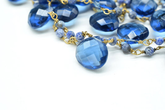 kynite teardrop beaded chain,lapis beaded chain,gesmtone cluster rosary,wire wrapped beaded chain,lapis cluster,beaded chain,gold plated