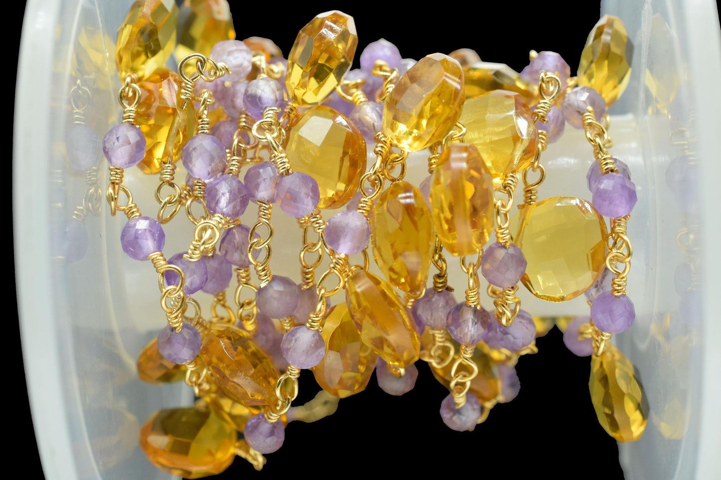 Amethyst 3mm Beaded Chain,citrine Heart Shape Rosary Chain,Amethyst wire wrapped rosary chain,Gold Plated Brass Chain,gemstone rosary,craft