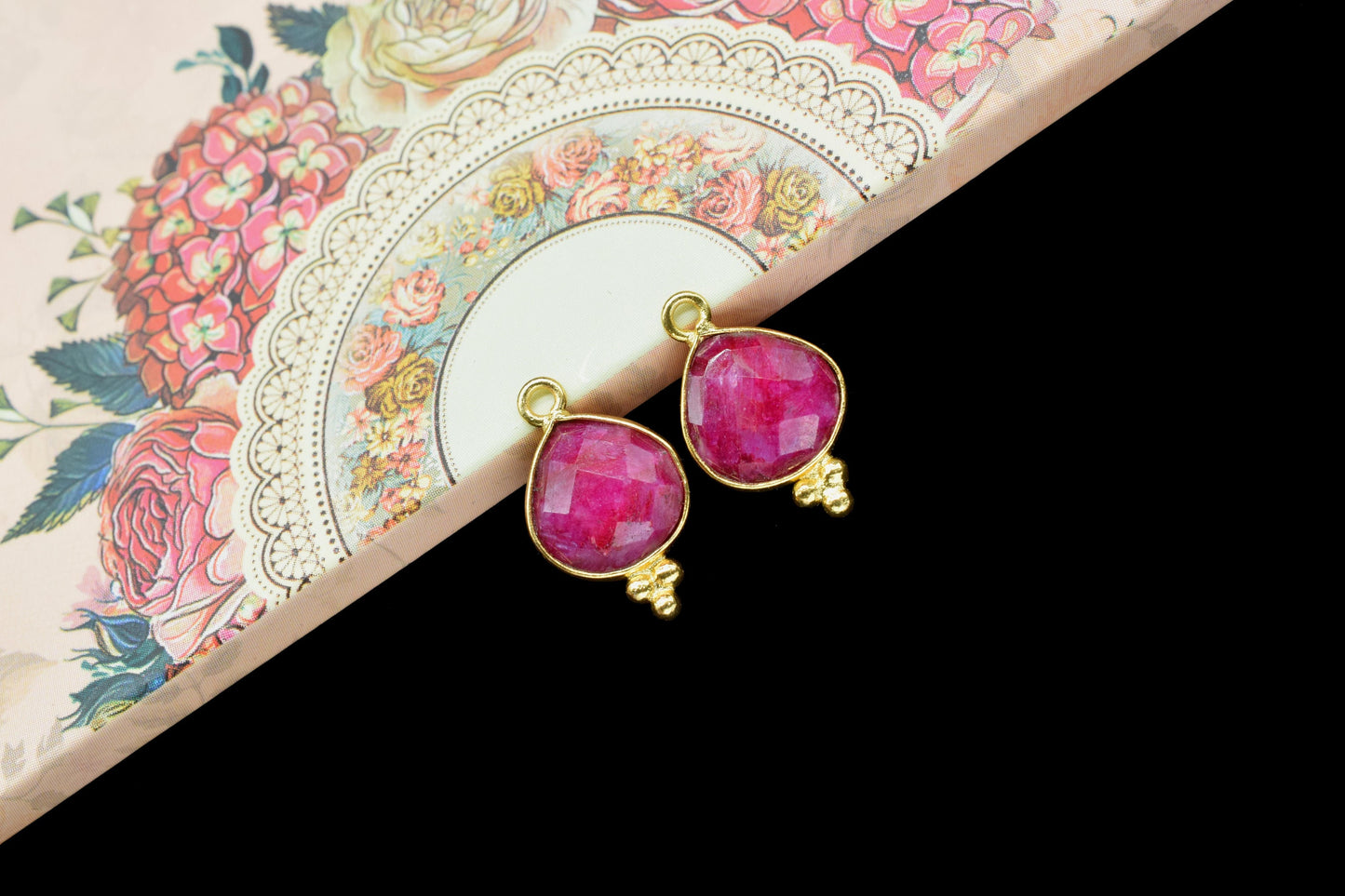 Ruby 10mm Heart Shape Pendant Jewelry,Ruby Checker Cut Gemstone Connector Jewelry Making,Ruby Faceted Gemstone Gold Plating Connectors,Gift