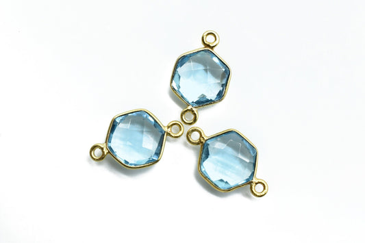 Sky Topaz 10mm Hexagon Shape Pendant,Gold Plated double Bail Gemstone Connector,Faceted Hexagon Shape Gemstone Bezel,Topaz Hexagon Charms