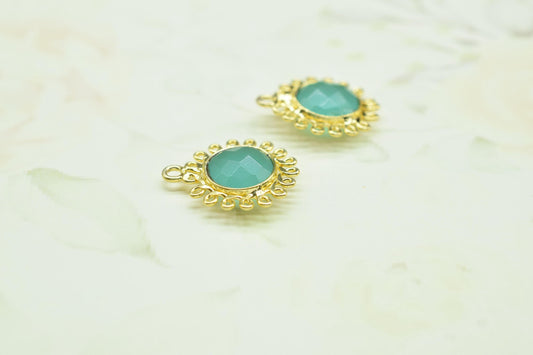 Aqua Chalcedony 10mm Round Bezel Charm,Gemstone Brass Component,Single Bail Pendant,Round Faceted charms,Handmade Jewellery Connector,Gift