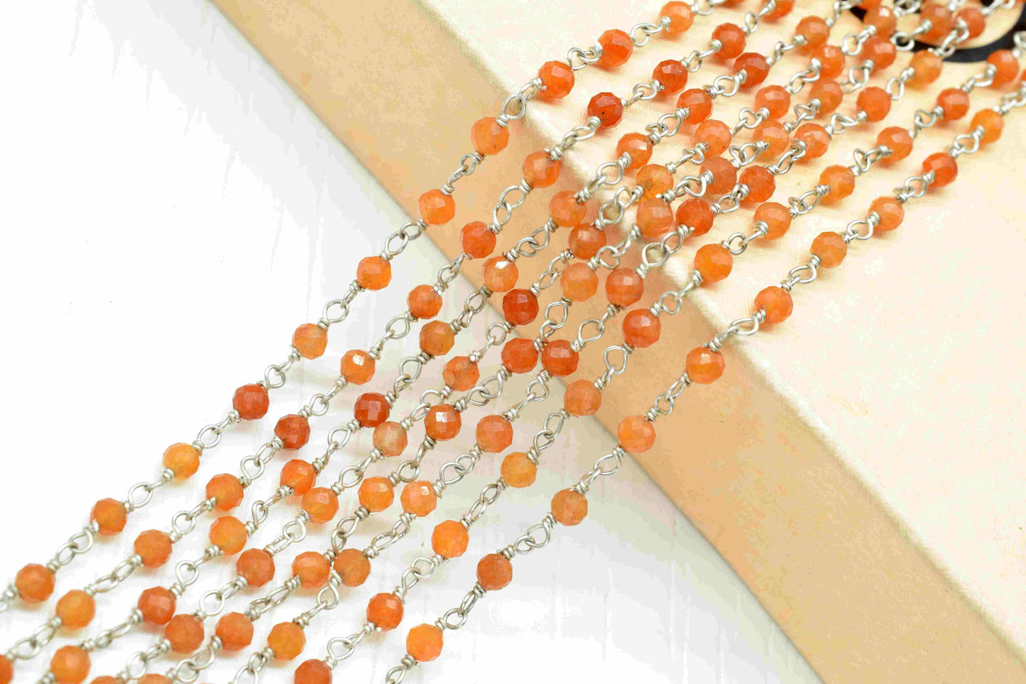 Carnelian Faceted Gemstone 3mm Beaded Chain,Faceted Rosary Chain,Gemstone rosary style chain,Carnelian Beaded Wire Wrapped Gemstone Beads