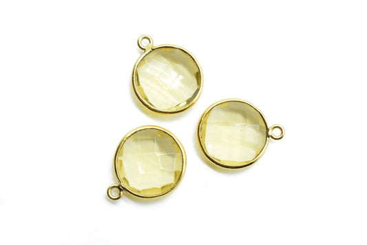 Natural Citrine 14mm Round charm,Brass Gold Plated bezel,Citrine single Bail Pendant,Citrine gold plated bezel,Citrine single connectors,