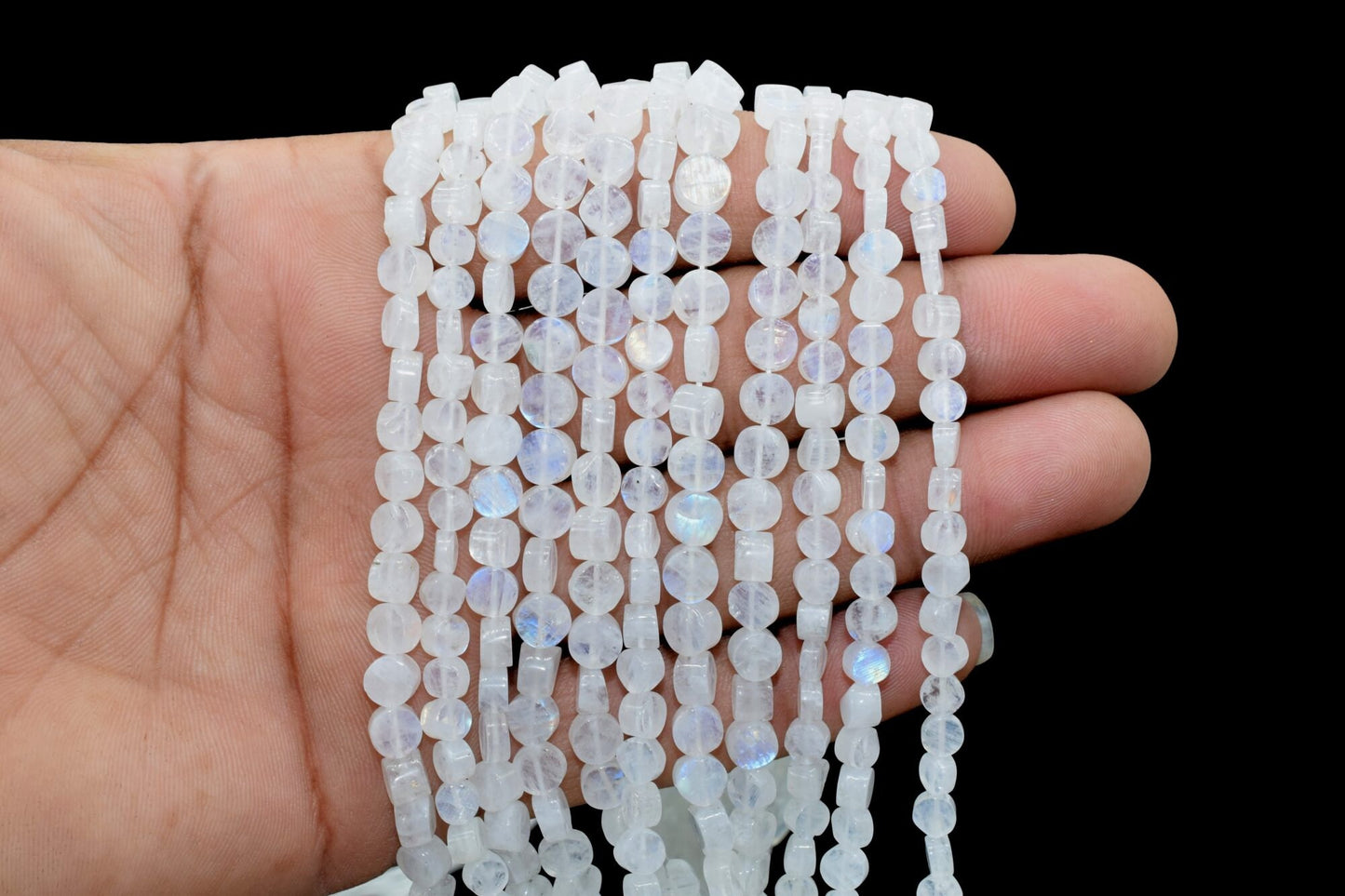 Natural blue Fire Rainbow Moonstone Coin Beads,5-5.5 mm,13" Strand,White Rainbow Moonstone Smooth Coin Gemstone Beads Handmade Rainbow Beads