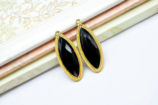 Black Onyx 10x30mm Bezel Charm,Gemstone connector,Marquise Shape Charm,Single Bail Pendant,Handmade Component Pendant,Black Onyx Jewelry