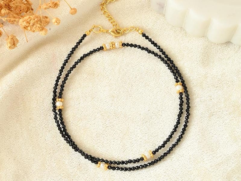 Tiny 2mm Black Onyx Round Beaded Choker, Bracelet, Small Natural Gemstone Beads, Beads, Handmade Necklace, Gift for Her, Summer Choker