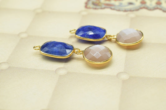 Blue Sapphire & Peach Moonstone Connector,Handmade Pendant,Multi Stone Pendant Charms Necklace,Station Bezel Link,Gemstone Earring Connector