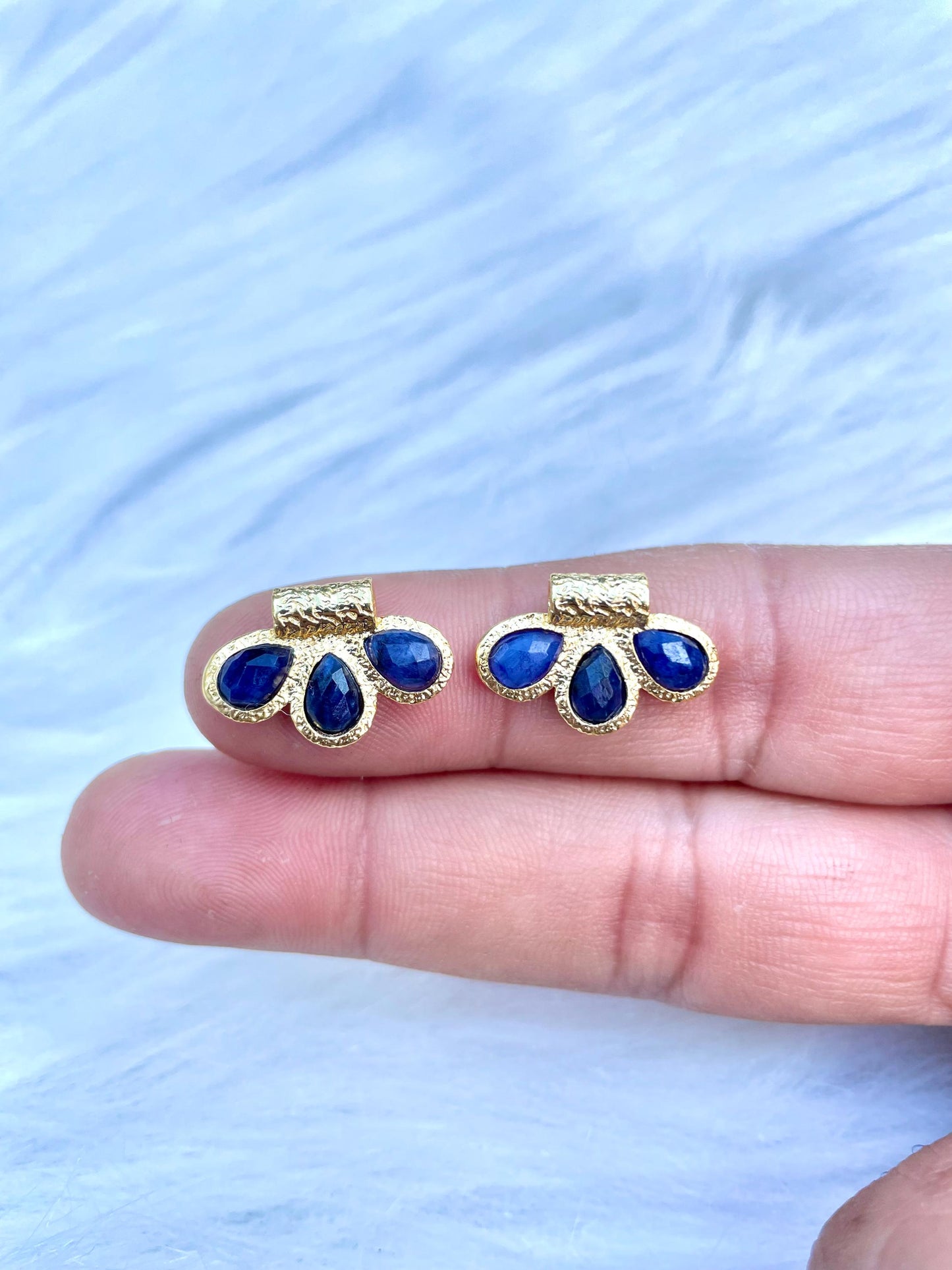 Blue Sapphire Connector Charms/Gold Plated Pendant/Handmade Jewelry/Three stone Pendant/Women Jewelry/Brass Connector Jewellery/Bday Gift