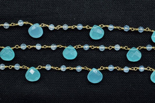 Aqua chalcedony,sky topaz Beaded & Heart shape Chain,Beaded Wire Wrapped Gemstone Beads,Faceted Rosary Chain,Gemstone rosary style chains
