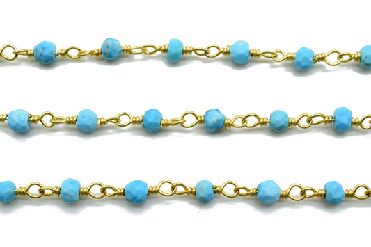 Turquoise 3mm Beaded Chain,Beaded Gold Plated Rosary Chain,Turquoise Rondelle Faceted Rosary Chain,jewelry Making,Finding,Bulk Roll Wire