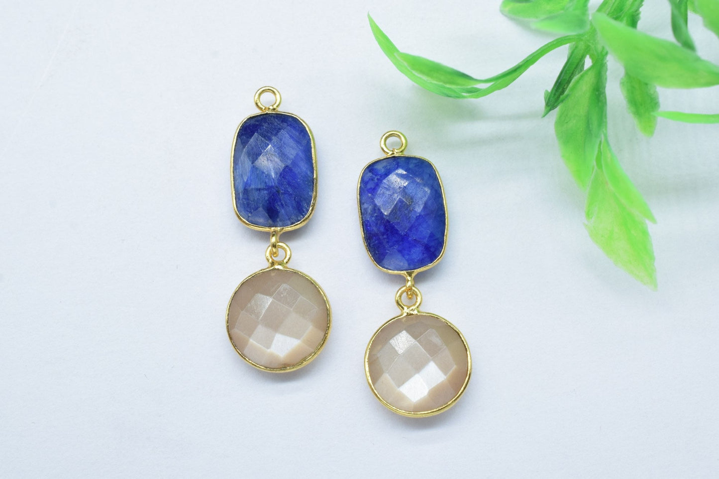 Blue Sapphire & Peach Moonstone Connector,Handmade Pendant,Multi Stone Pendant Charms Necklace,Station Bezel Link,Gemstone Earring Connector