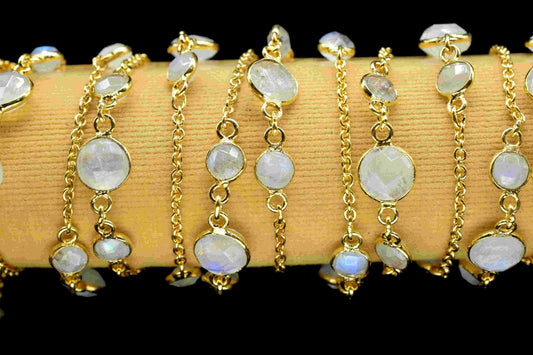 Rainbow Moonstone Bezel Chain Connector, Gold Plated Gemstone Chain, Bracelet Chain,Round Bezel Beads Rosary Chain,Rainbow Jewelry Connector