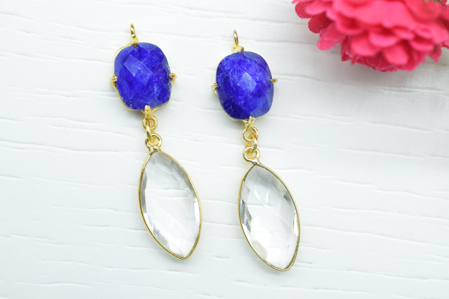 Blue Sapphire Bezel Connector/Station Bezel Link Pendant/Prong Bezel Jewelry/Handmade Jewelry/Crystal Quartz Pendant/Connector/Bday Gift