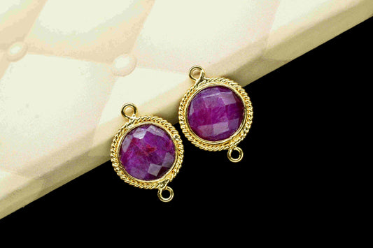 Ruby 10mm Round Shape Double Bail Connectors,Ruby Round Gold Plating Bezels,Ruby Double Loop connector,Ruby jewelry making charm,Ruby Charms