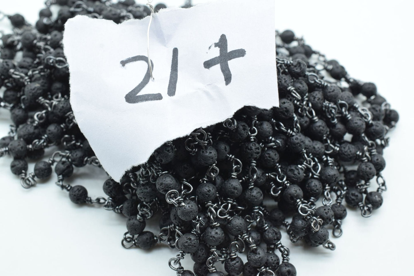 Black Lava Rock 4mm Round Beaded Wire Wrapped Black Polished Plated Chain -Beaded Chain,Black Lava Rosary Chain,Delicate Rosary Beaded Chain