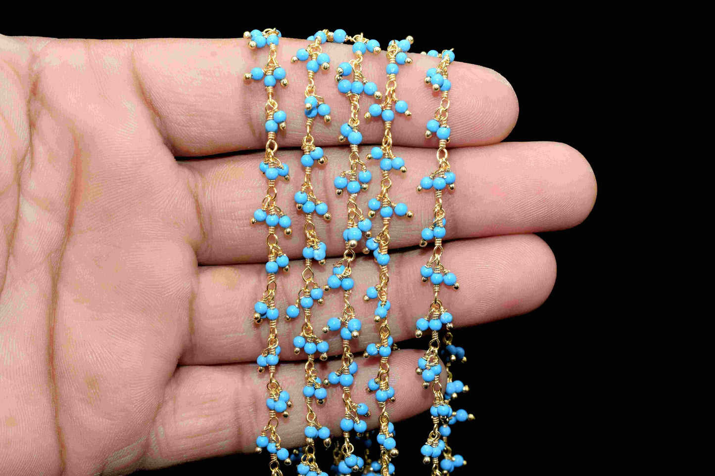 Turquoise 2mm Cluster Rosary Chain,Gold Plated Chain,Wire Wrapped Chain,Jewelry Supply,Plain Turquoise Beads Gold Plated dangling chain