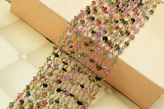 Multi Tourmaline Rosary Chain,Multi Tourmaline Wire Wrapped Rosary,3 to 3.5mm beaded chain,Natural Multi Tourmaline beaded Chain,gold chain