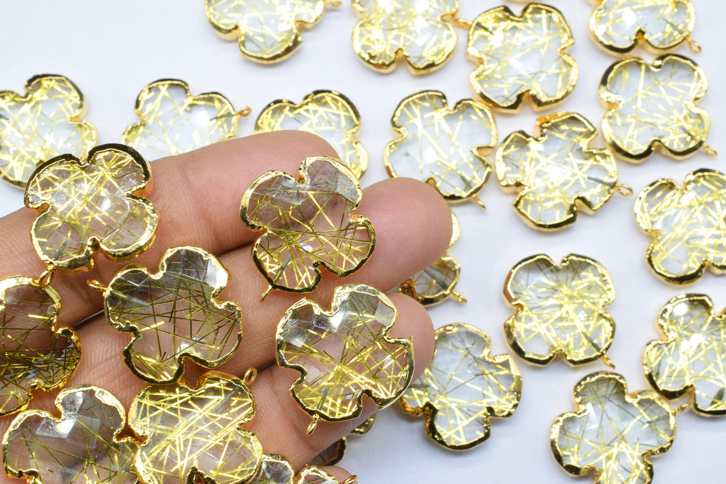Gold Rutile Clover Shape Pendant Charms,Gold Rutile Electroplated Pendant jewelry,Gemstone Component Pendant,Handmade Earring Connector,Gift