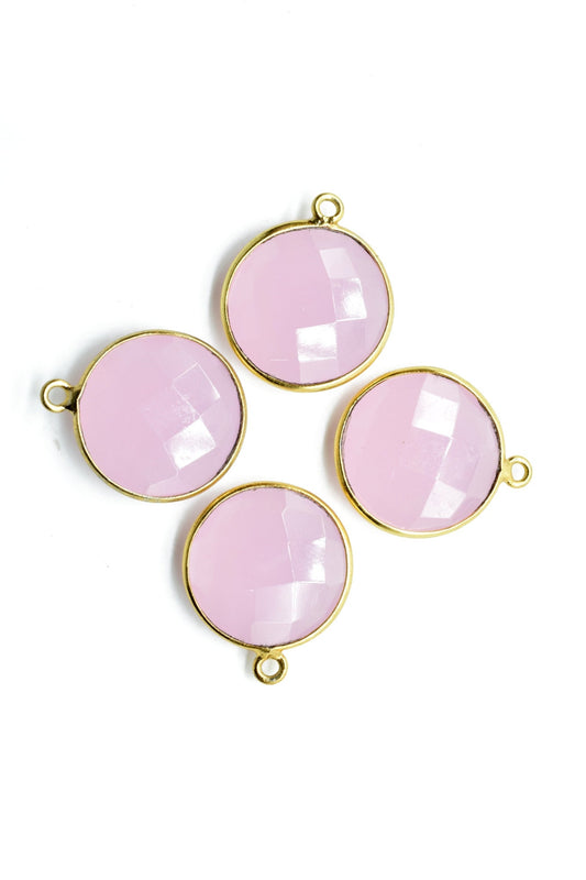 Rose Quartz 16mm Round Bezel charm,Brass Gold Plated bezel,Pink chalcedony Pendantchalcedony handmade charm,Pink chalcedony coin shape charm