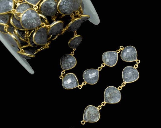 Black Sunstone Heart Shape Connector Chain, 12mm Heart Shape Sunstone Bezel Connector Chain, Black Sunstone Faceted Gemstone, Gemstone Chain