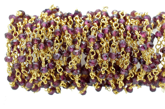 Garnet 3mm Beaded Chain,Garnet Rosary Chains,Garnet Gold Plating Wire Wrap Chain,Garnet Brass chain,Jewelry Making Chain,Garnet Rosary chain