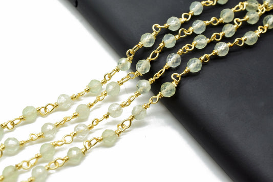 Prehnite 3mm Beaded Chain,Natural Green Prehnite Rondelle Faceted Beaded Rosary Chain,Gold Plated Wire,Jewelry Making,Finding,Gold Chains