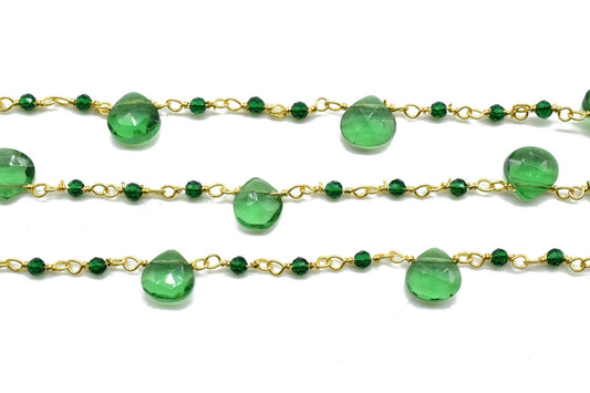 Emerald 2mm Beaded & Heart shape Chain,Wrapped Rosary Chain,Sapphire Briolette rosary chain,Brass Gold Plated Sold Per Foot Wholesale price