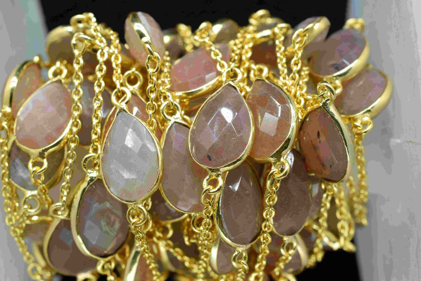 Peach Moonstone 8x12mm Pear Shape Bezel Chain,Peach Moonstone Faceted Chain,Handmade Bezel Link,Peach Moonstone Jewelry,Jewelry Making Chain