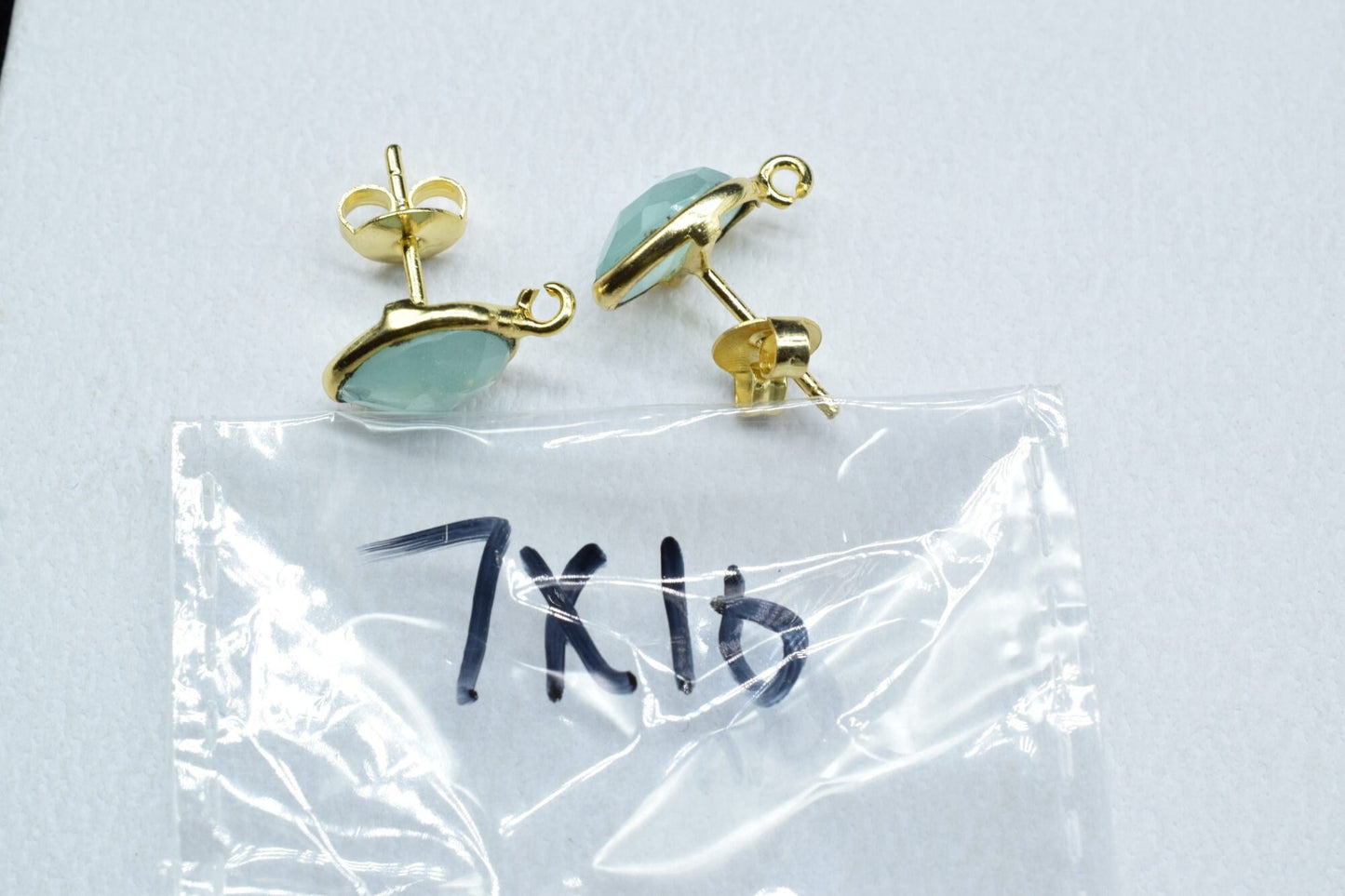 Aqua Chalcedony 7x10mm Earring Connector,Gemstone Connector Post Stud,Jewelry Supply,Earring Finding,Jewelry Making Connector,Ear Post Stud