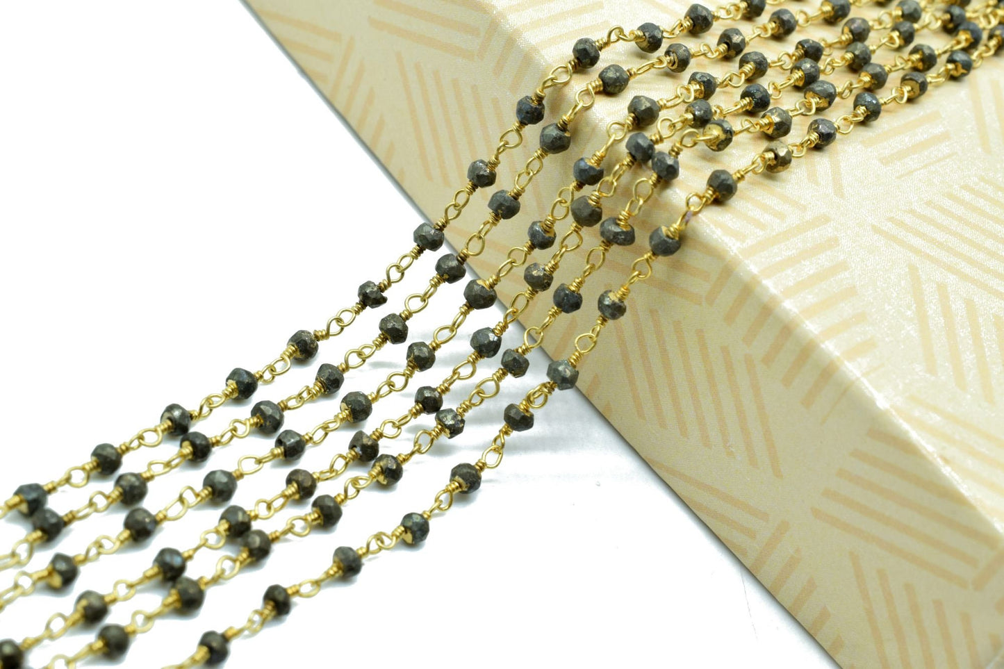 Natural Pyrite 3mm Beaded Chain,Beaded Rosary Chain,Pyrite Wrapped Brass Wire,Bracelet,Handmade Jewelry, Finding Necklace Chain In Brass