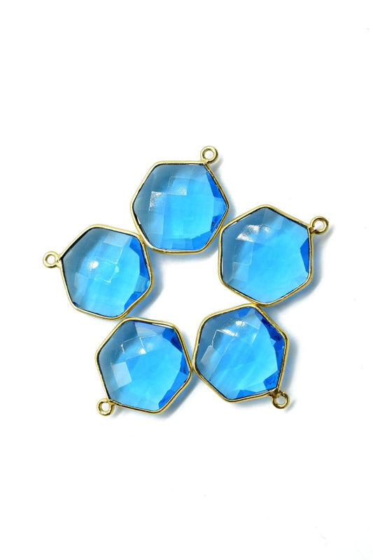London Blue Topaz 16mm Hexagon Shape Pendant,Gold Plated Single Bail Gemstone Connector,Faceted Hexagon Shape Gemstone Bezel,Hexagon Charms