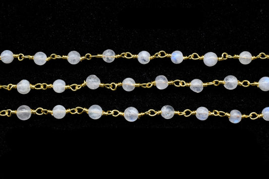 Moonstone 4mm Round Beaded Chain,Rainbow Moonstone Gold Rosary Chain,Gemstone Chains By the Foot for Rosary Necklace,Rosary Roll Bulk pirce