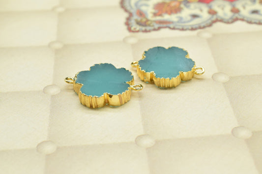 Aqua Chalcedony Clover charm Pendants,Handmade Flower Pendant,Necklace Connectors Jewelry,Gemstone Electroplated Charm,Double Bail Connector